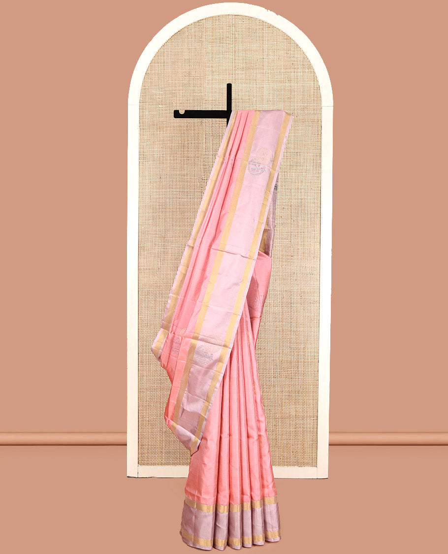 Pink Mayuri Lite Silk Mix Saree, Sparsely Woven with Stripes and Buttas, a Contrast Border, Pallu of Zig-Zag Designs, and a Contrast Blouse