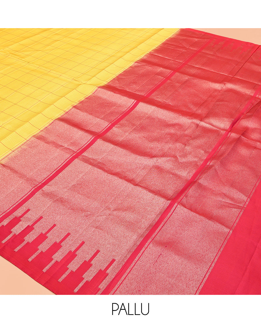 Borderless Yellow Mayuri Soft Silk Saree, Statement with Bold Checked Design On Its Body, Complemented by Contrast Temple Zari Woven Pallu and Paired with a Contrast Blouse