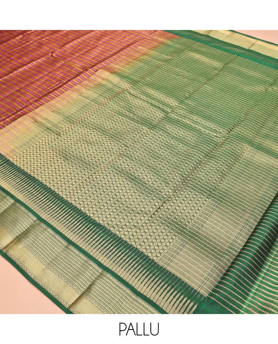 Multi-Color Striped Vasundhara Lite Silk Mix Saree, a Contrast Border of Kili, Kathir, and Kamalam Designs, Grand Pallu, and a Contrast Blouse