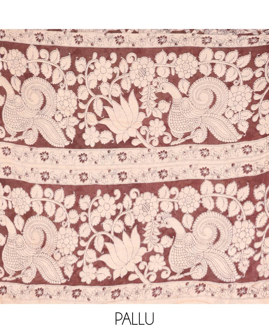 Brown Machine-Printed Kalamkari Cotton Saree Features Human Motifs, a Piping Border, Pallu of Peacocks, and a Matching Blouse