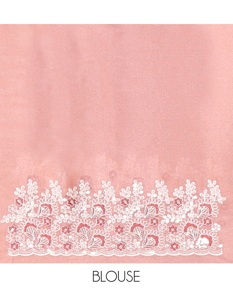 Pink Organza Saree, Spotlighted with Floral Thread Buttas, Scallop Floral Embroidery Border, and Matching Blouse