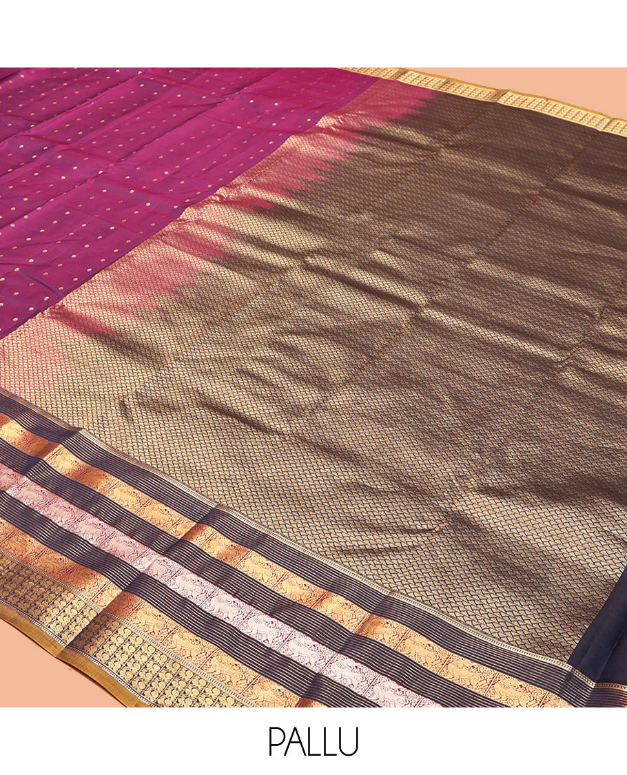 Magenta Vasundhara Lite Silk Mix Saree, Ornamented with Zari Buttas, Complemented by a Contrast Border of Yaali and Mayil Designs, Zari Design Pallu, and a Contrast Blouse