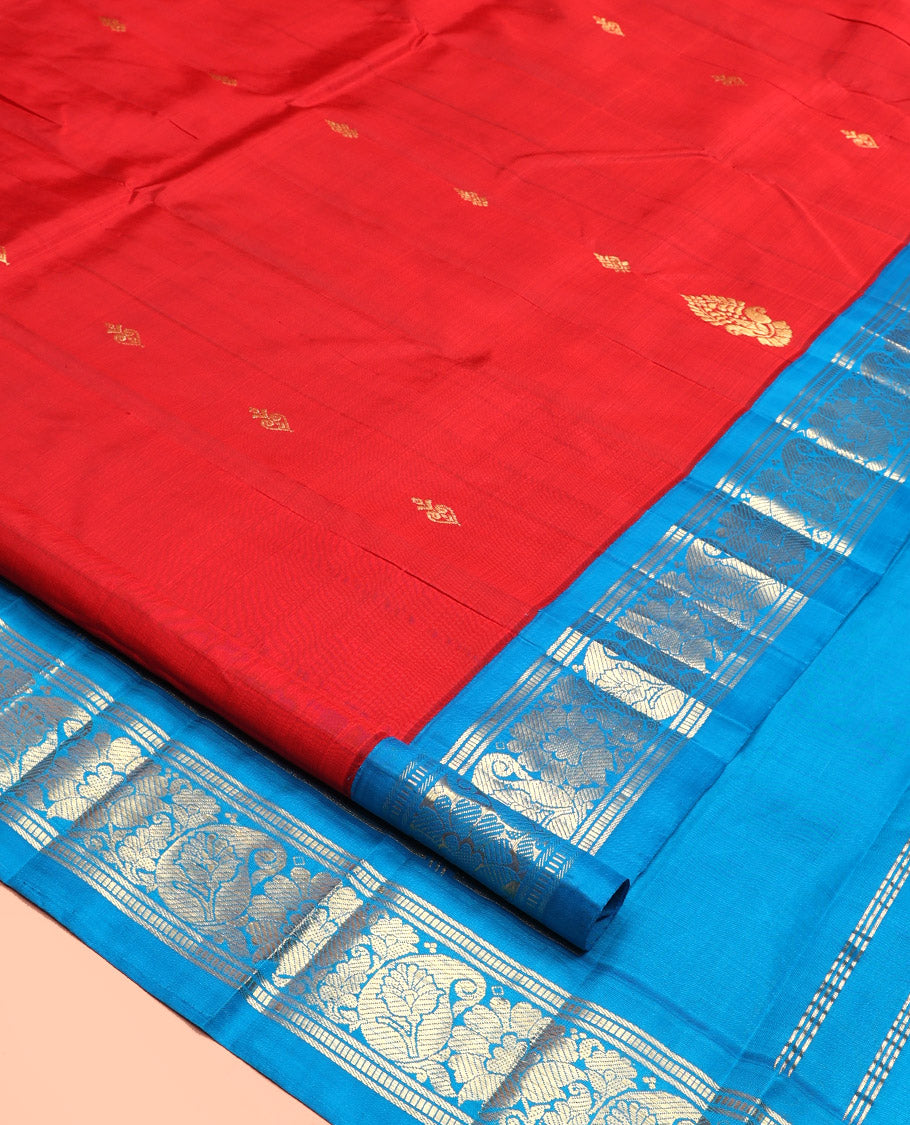 Red Kanchipuram Silk Saree, Spotlighted with Zari Buttas, Contrast Korvai Border of Banaras, Floral and Paisley, Pallu of Floral Design, and No Blouse