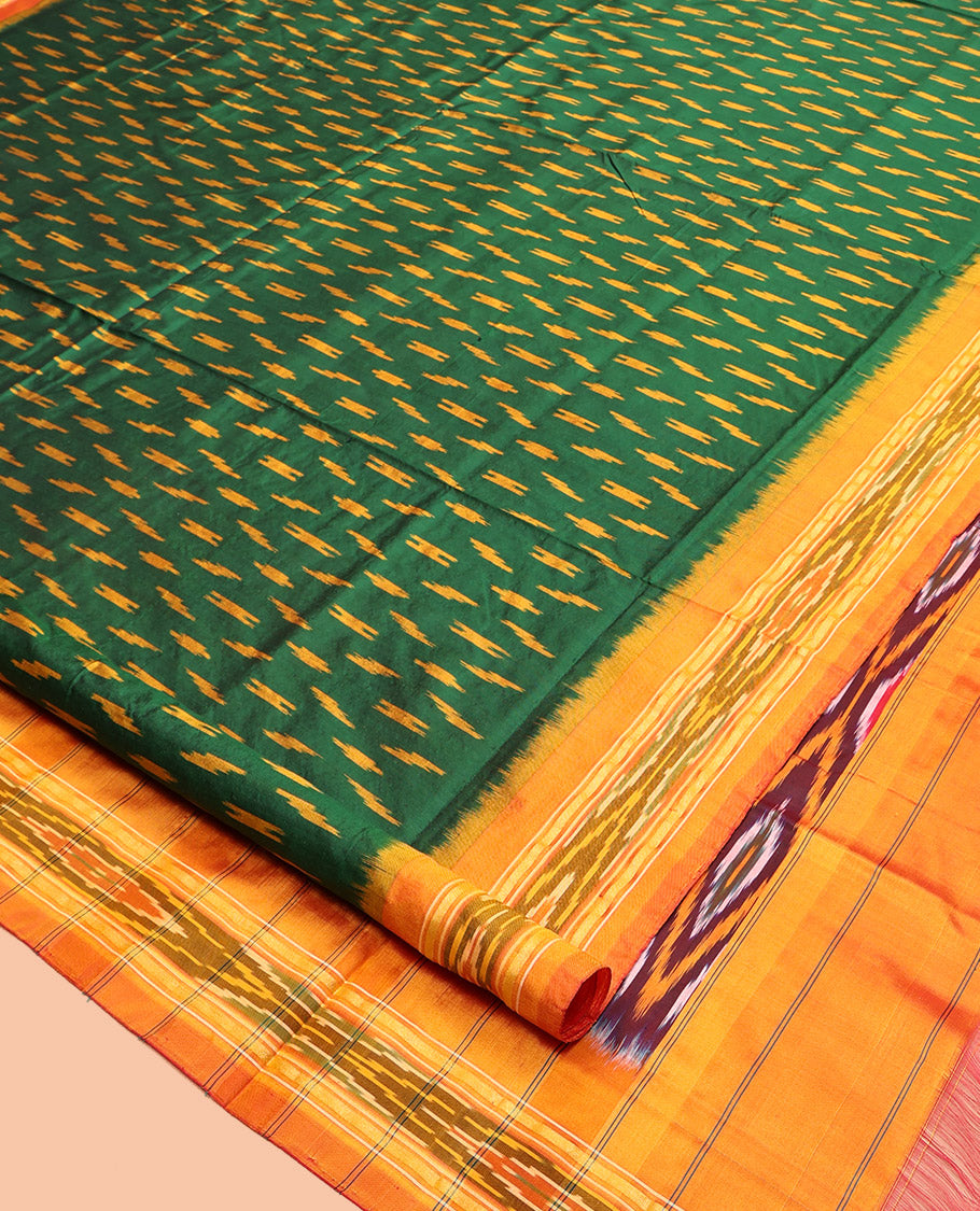 Green Pochampally Ikat Silk Saree, Embellished with Ikat Buttas, Complemented by a Contrast Ikat Border, Ikat-Style Pallu, and No Blouse