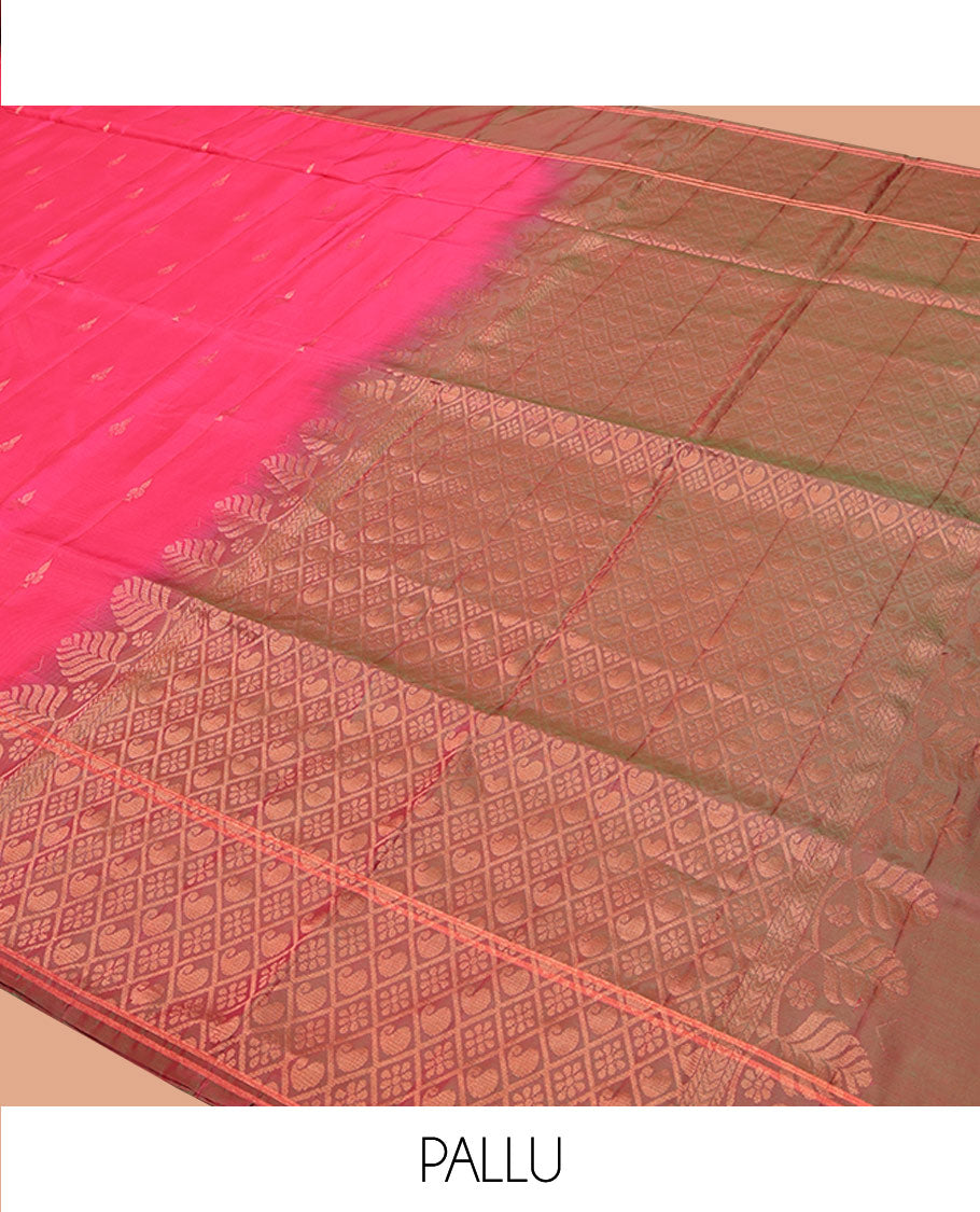 Pink Uppada Silk Saree, Adorned with Zari Buttas, a Contrast Zari Buttas Border, Grand Jaal Pallu, and a Contrast Blouse