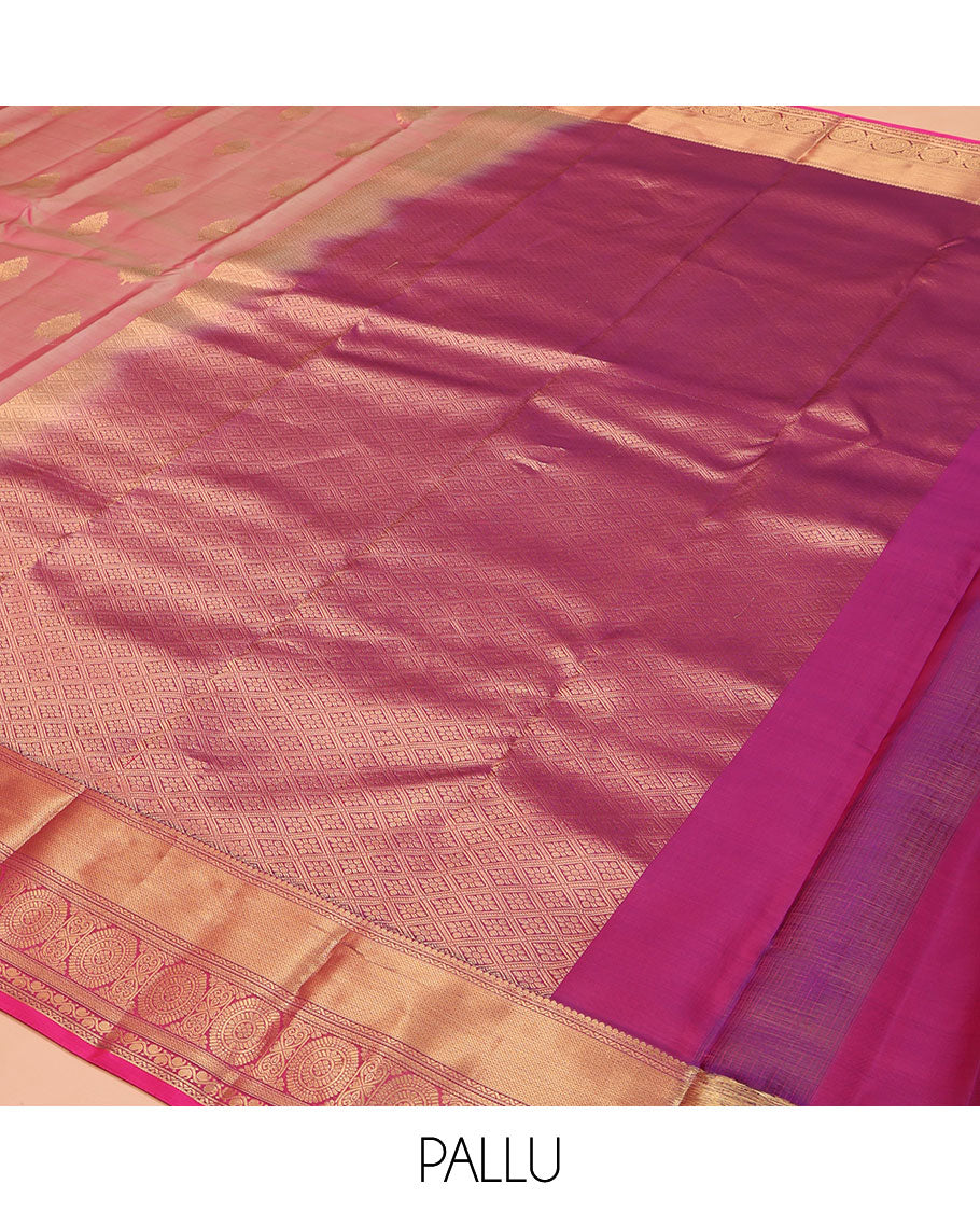 Pink Vasundhara Lite Silk Mix Saree, Woven with Zari Buttas on Its Body, Complemented by a Contrast Border of Thilakam Mokku, Neli, Mayil Kann, Manga Mokku, and Chakram Designs, Grand Jaal Pallu, and Paired with a Contrast Blouse