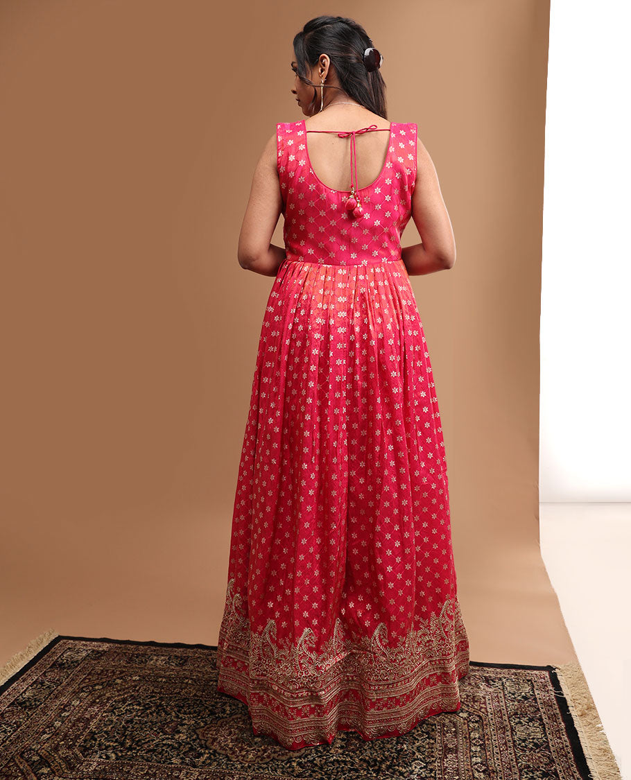 Red floral embroidered round neck, 3/4 th sleeve, floor length top & floral zari design dupatta