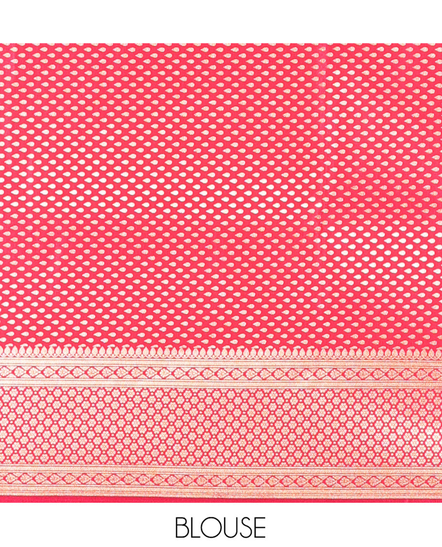 Red Banarasi Nylon Saree, Spotlighted with Floral Jaal Jacquard, a Floral Creeper Zari Border, Intricate Pallu, and a Matching Blouse