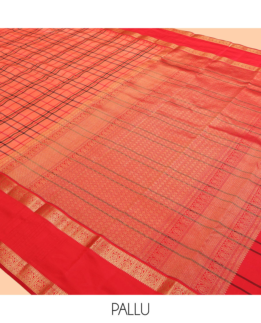 Orange Checked Vasundhara Lite Silk Mix Saree, a Contrast Rettai Pettu Traditional Zari Border, Grand Pallu, and a Contrast Blouse