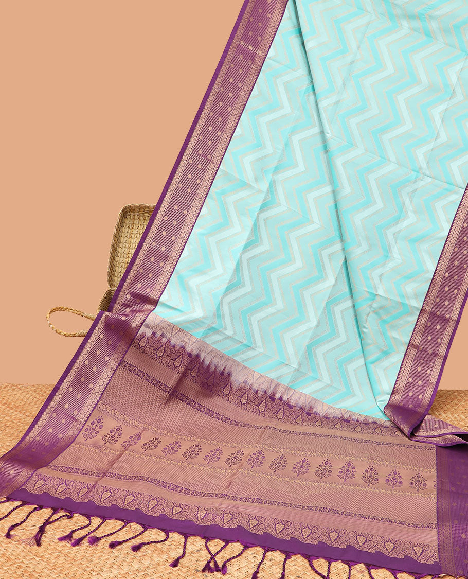 Light blue zig zag floral striped soft silk saree with contrast zari design border & floral, zig zag striped zari design pallu