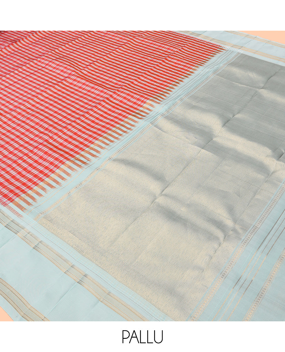 Orange Checked Vasundhara Lite Silk Mix Saree, a Contrast Rettai Pettu Border, Zari Striped Pallu, and a Contrast Blouse
