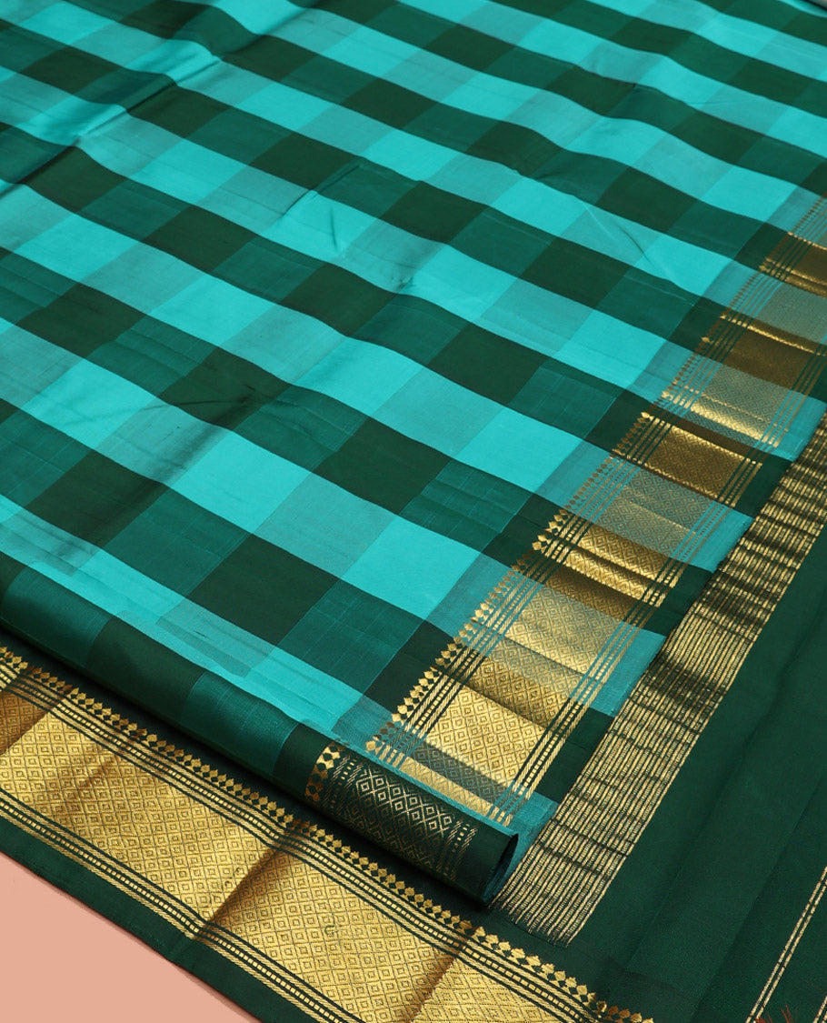 Multi-Color Kanchipuram Silk Saree, Highlighted by Checks, a One-Sided Border of Paneer Sombu, Banaras, Muthu, and Mayil Kann Design, Zari-Woven Pallu, and No Blouse