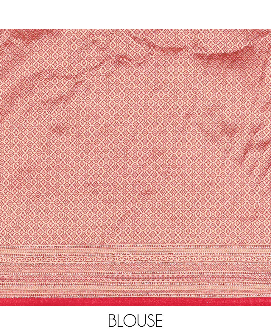 Cream and magenta half-saree, floral and bird printed nylon viscose crepe top, contrast traditional zari and stone work border, jacquard banaras blouse, and scallop stone work dhavani