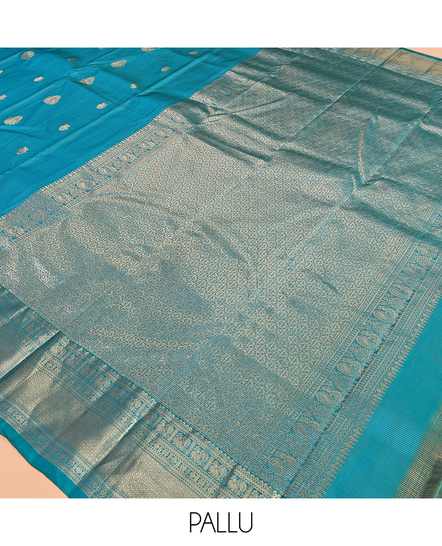 Blue Vasundhara Silk Saree, Woven with Zari Buttas and Vaira Oosi Stripes, a Traditional Zari Border, Grand Pallu, and a Matching Blouse
