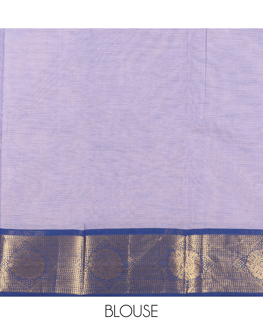 Lavender Chettinad Cotton Saree, Subtly Sparkled with Buttas All Over Its Body, Complemented by a Contrast Chakram Zari Design Border, Pallu of Stripes and Buttas, and Paired with a Matching Blouse