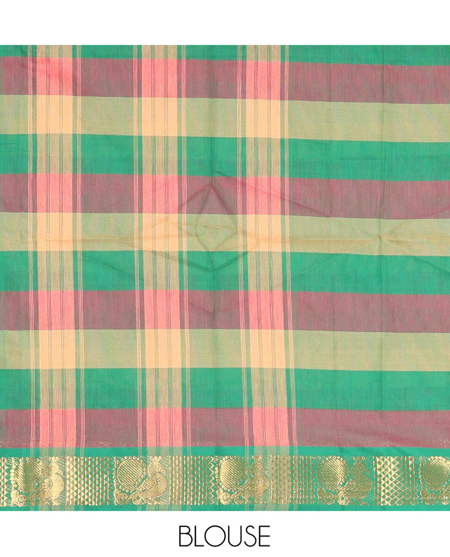 Multi-Color Chettinad Cotton Half Saree Features Checked Skirt, Peacock Border, Matching Blouse, Contrast Dhavani