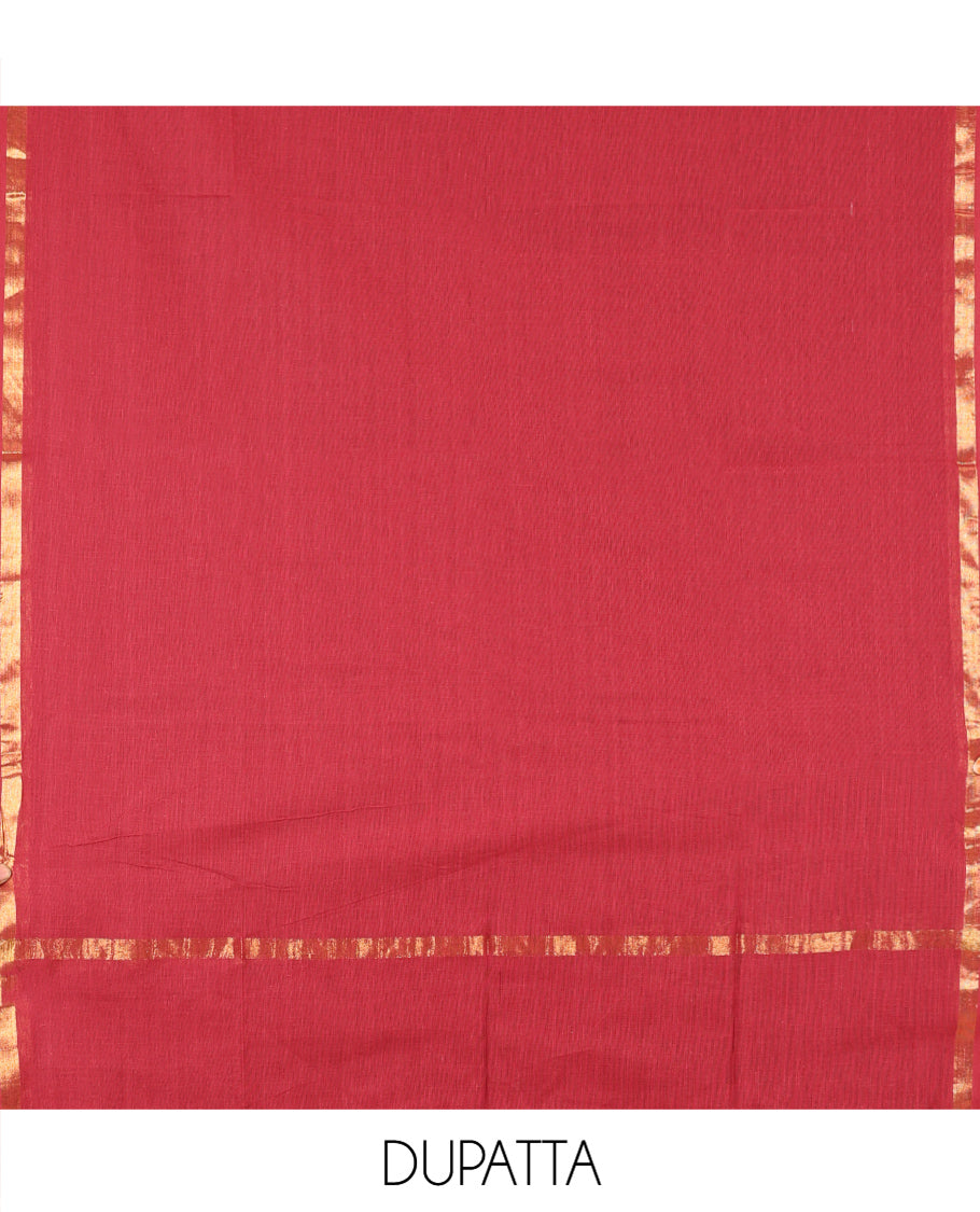 Mustard Handloom Cotton Material Chudidar, Plain and Contrast Traditional Zari-Bordered Top, a Contrast Plain Bottom, and Contrast Dupatta