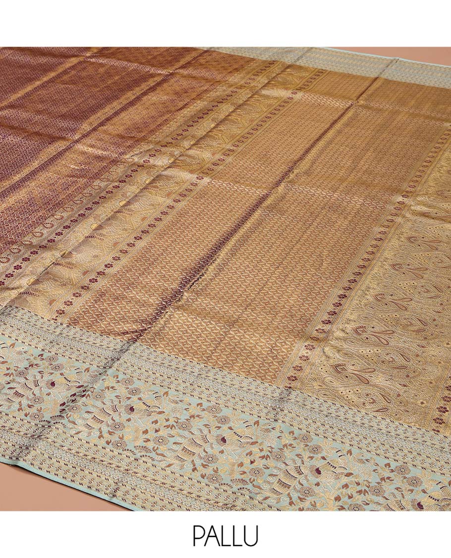 Copper Kanchipuram Tissue Silk Saree, Complemented by Contrast Meenakari Floral and Peacock Design Border, Grand Jaal Pallu and Paired with a Contrast Blouse