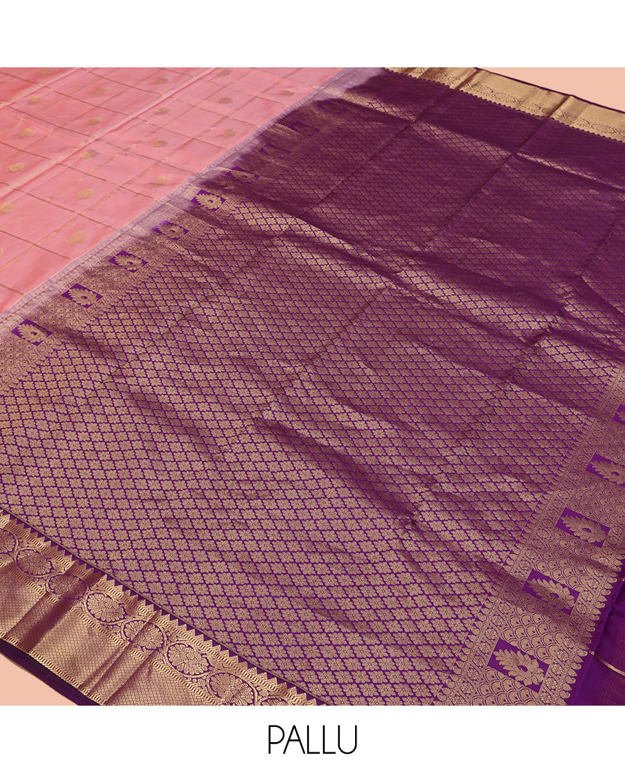 Pink Vasundhara Silk Saree, Entralled with Zari Butta Enclosed Checks On Its Body, Complemented by Contrast Border of Rekku, Muthu, Kodi Visiry, and Mayil Kann Designs, Grand Jaal Pallu and Paired with a Contrast Blouse