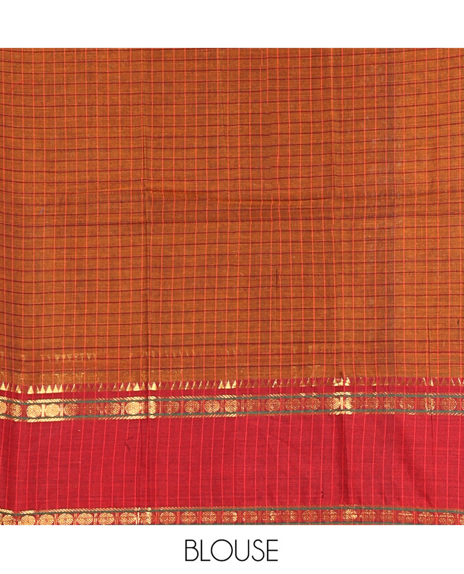 Rust-Red Mercerised Cotton Saree Features a Checked Skirt, Contrast Temple-Rudraksham Rettai Pettu Border, a Matching Blouse, and Contrast Vichitra Silk Dhavani