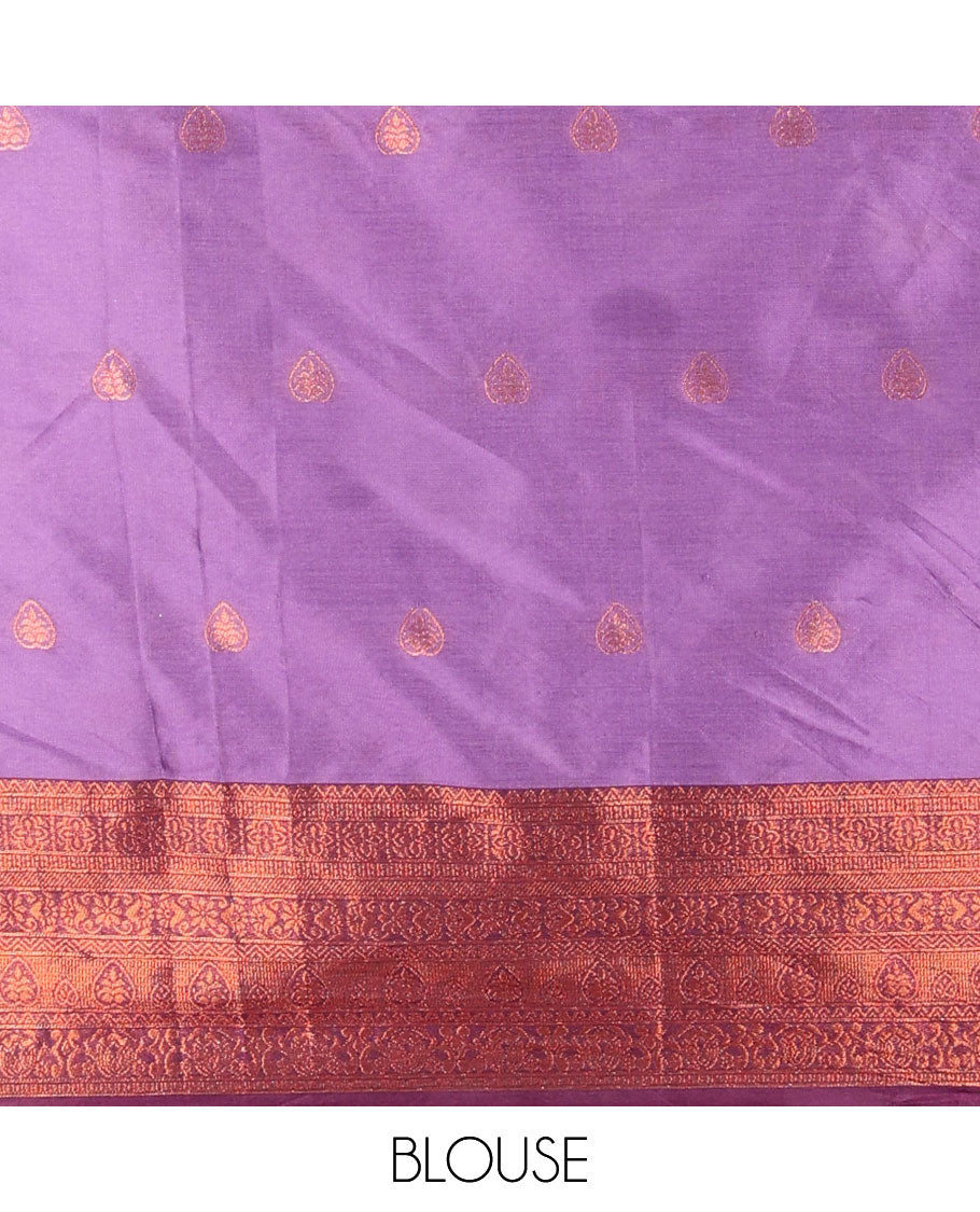 Purple floral design half saree with contrast zari design border, zari design blouse & floral zari design dhavani