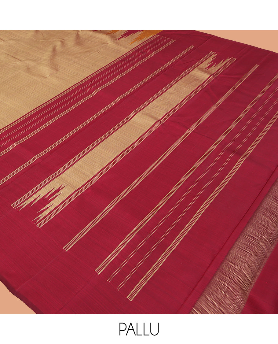Pale Brown Plain Kanchipuram Silk Saree, Complemented by Contrast Thazampoo Rekku Border, Thazampoo Rekku Pallu, and a Contrast Blouse