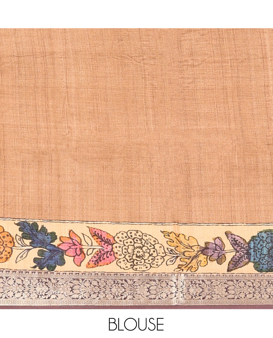 Brown Kalamkari Printed Semi-Banarasi Tussar Saree, Enriched with Floral Design, Zari Border, Contrast Lord Krishna Printed Pallu, and a Contrast Blouse