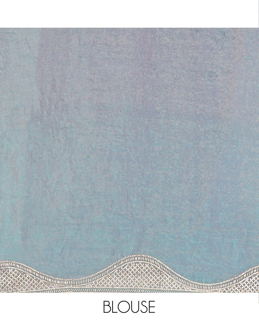 Peacock blue micro-stone work designer saree, scallop micro-stone and tube bead embroidered border