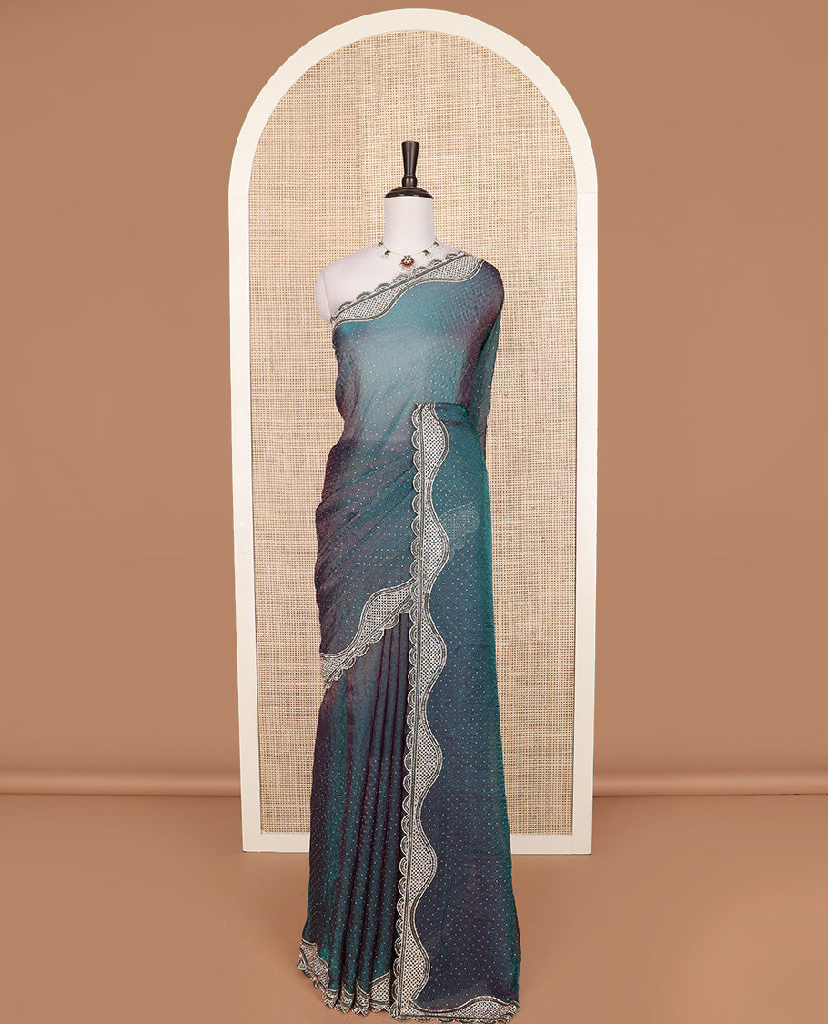Peacock blue micro-stone work designer saree, scallop micro-stone and tube bead embroidered border