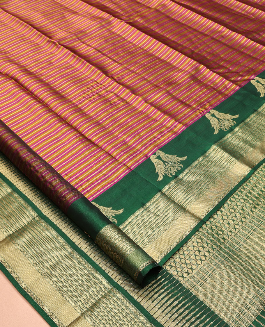Multi-Color Striped Vasundhara Lite Silk Mix Saree, a Contrast Border of Kili, Kathir, and Kamalam Designs, Grand Pallu, and a Contrast Blouse