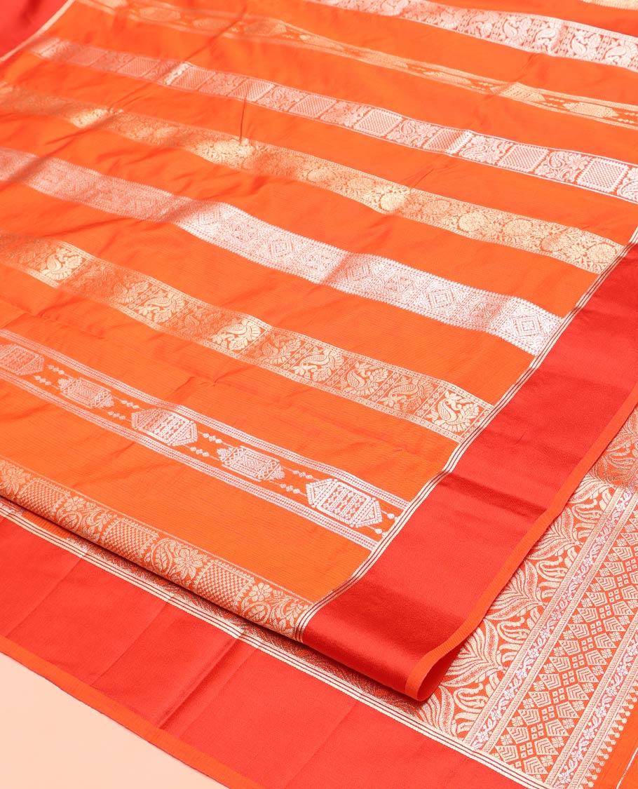 Orange Dupion Silk Saree, Richly Features Vertically Woven Traditional Patterns in Zari, Complemented by Contrast Zari Satin Border, Rich Pallu, and Paired with a Matching Blouse
