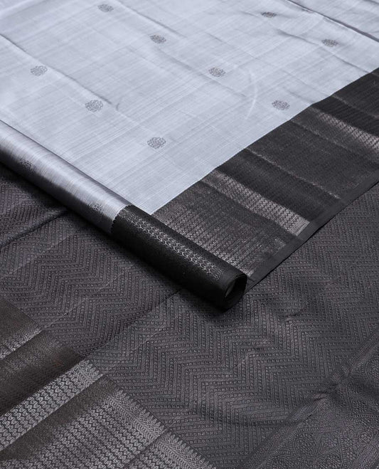 Grey buttas kancheepuram silk saree with self border of thilakam mokku, muthu, banaras design & zari design pallu