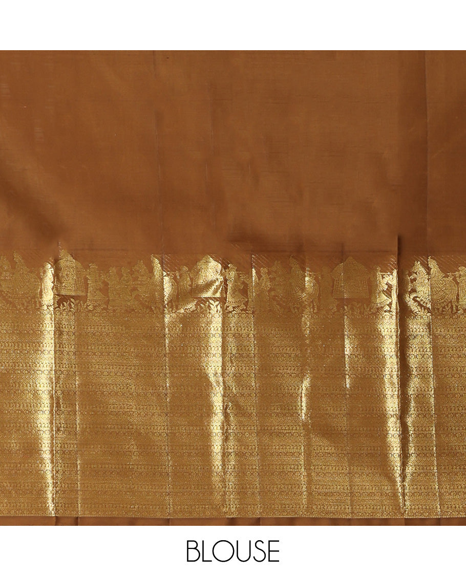 Brown Kanchipuram Silk Saree, Elevated with Zari Buttas All Over Its Body, Highlighted by Zari Wedding-themed Border of Manga, and Kamalam Designs, Grand Jaal Pallu, and Paired with a Matching Blouse