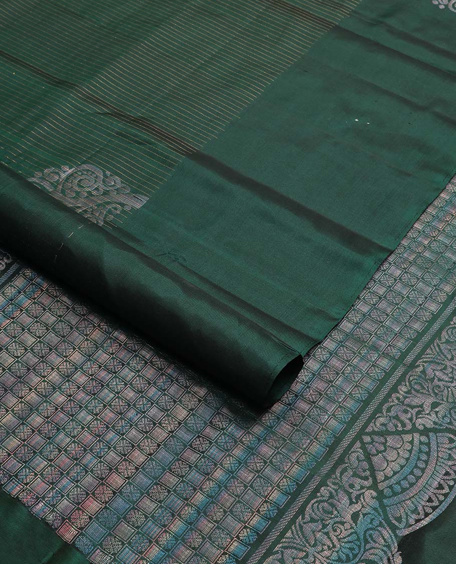 Bottle green striped, floral design bandhani with self floral design border & intricate zari design pallu
