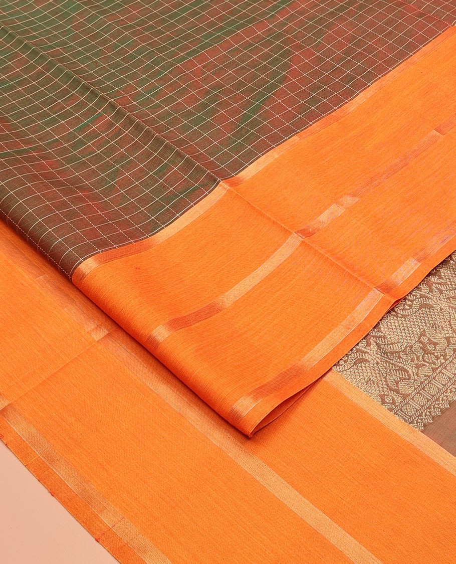 Brown Checked Kuppadam Silk Saree, a Contrast Traditional Yazhi Border, Grand Pallu, a Matching Blouse