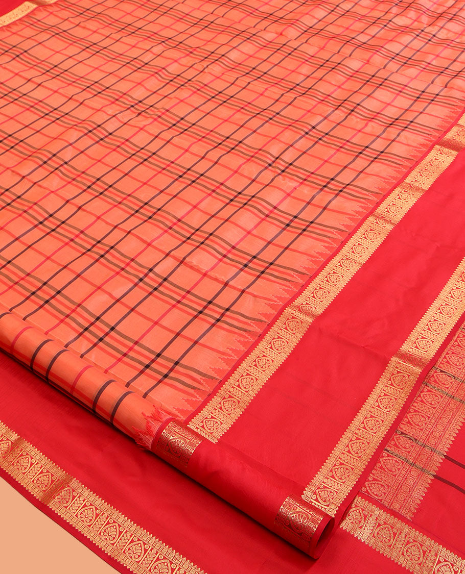 Orange Checked Vasundhara Lite Silk Mix Saree, a Contrast Rettai Pettu Traditional Zari Border, Grand Pallu, and a Contrast Blouse