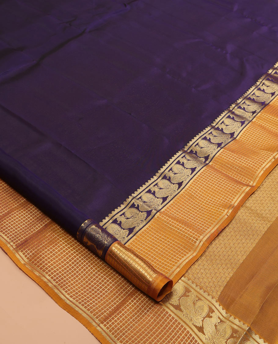 Blue Plain Vasundhara Lite Silk Mix Saree, a Contrast Checked Border of Mayil Designs, Grand Pallu, and a Contrast Blouse
