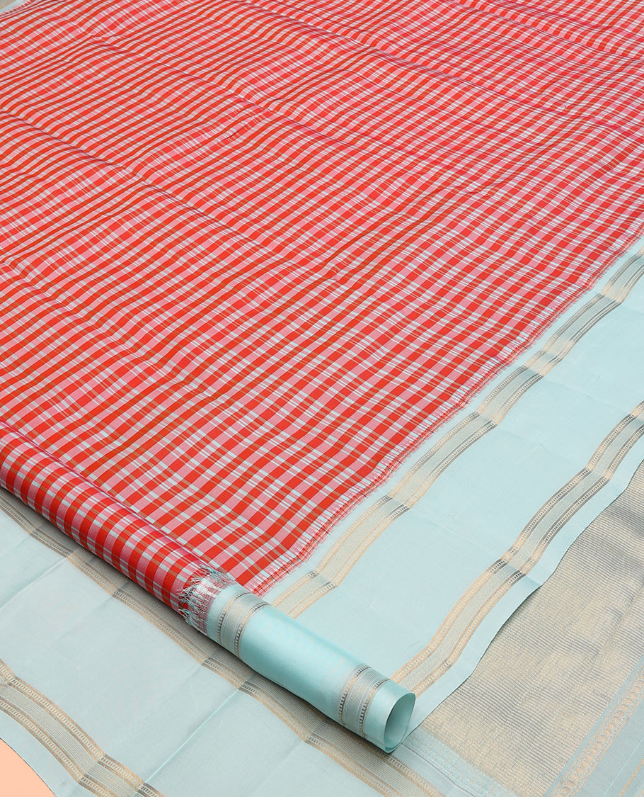 Orange Checked Vasundhara Lite Silk Mix Saree, a Contrast Rettai Pettu Border, Zari Striped Pallu, and a Contrast Blouse