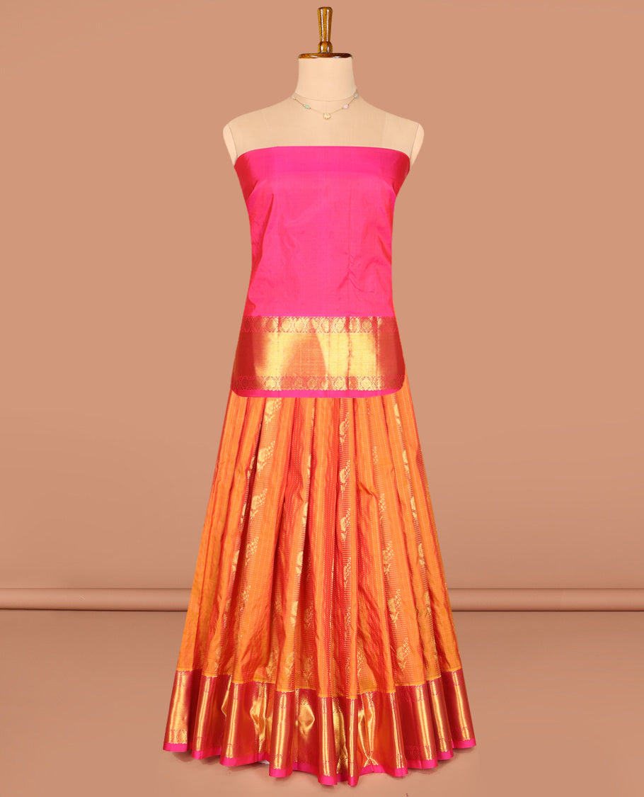 Orange Pure Silk Half-Saree, Woven with Zari Designs All Over Its Skirt, Complemented by Contrast Laddu Kamalam Border, Paired with a Contrast Blouse, and Comes with a Floral Design Dhavani