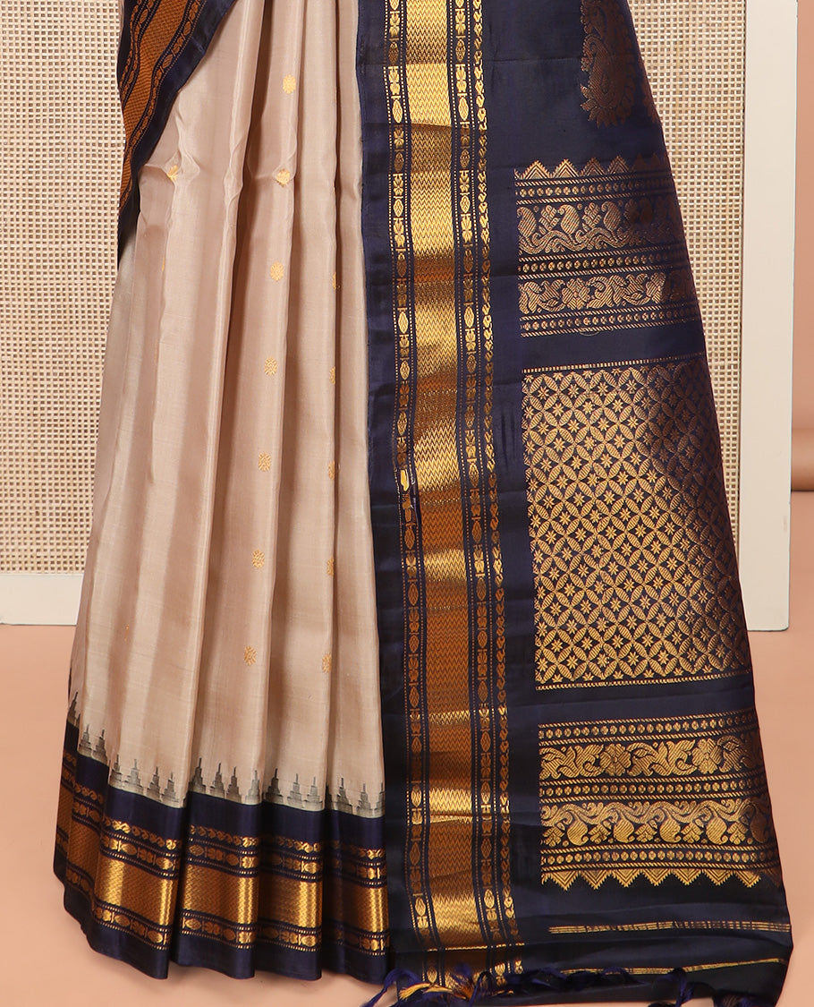 Sandal Gadwal Saree Designed with All-Over Zari Buttas, a Contrast Temple Traditional Zari Design Border, Pallu of Intricate Design, and a Contrast Blouse with Zari Designs