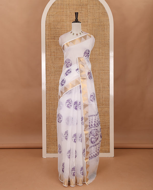White-violet circular motifs printed mercerised cotton saree, gold zari temple border, circular motifs printed pallu & matching zari border blouse