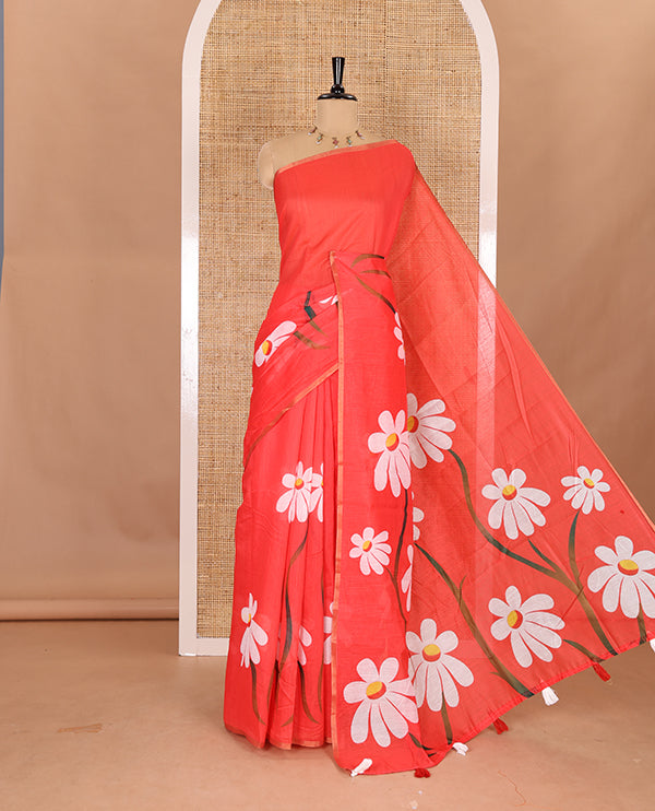 Borderless red Floral design chanderi cotton saree , floral vine printed pallu and small floral printed blouse