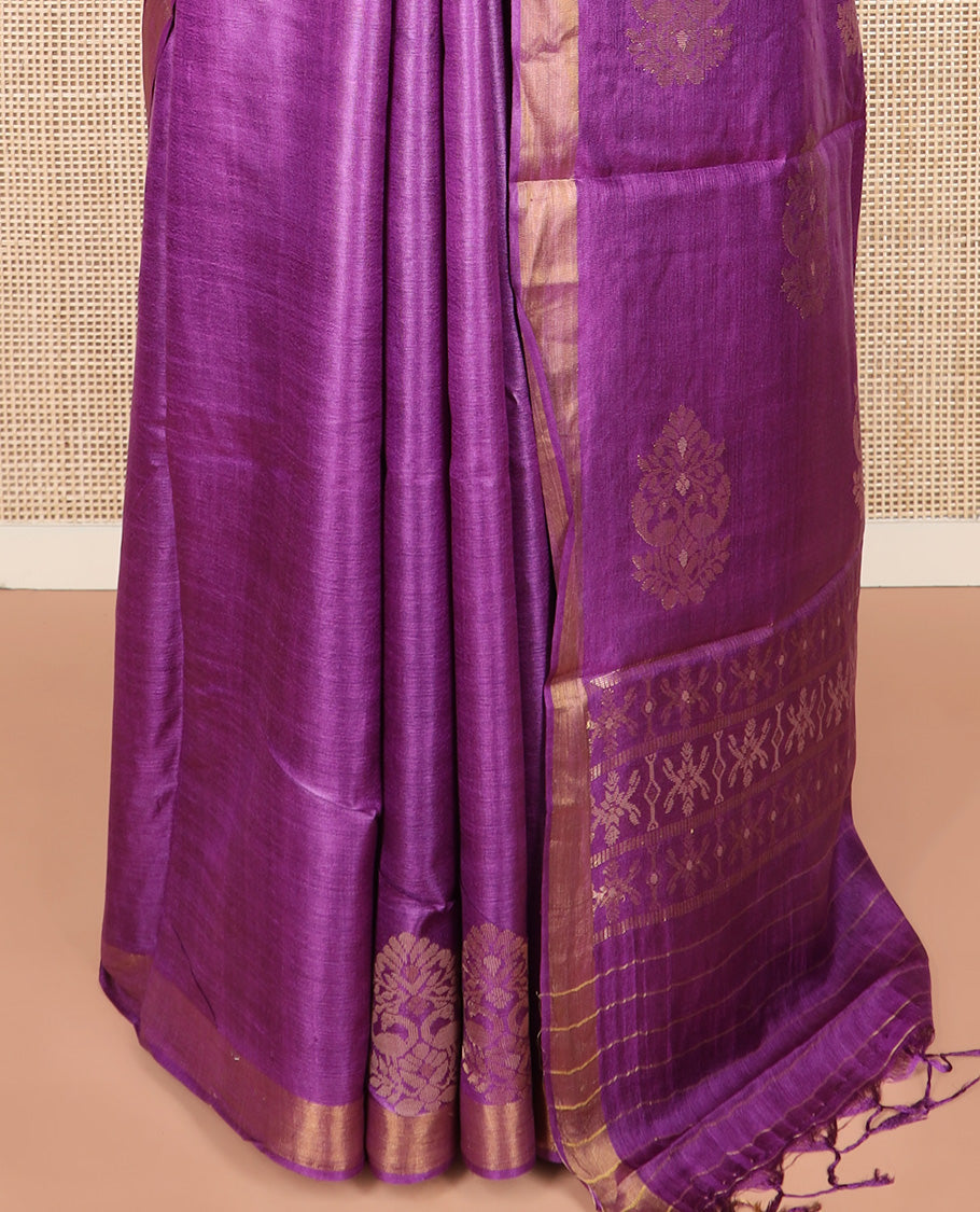 Rani pink peacock buttas tussar silk saree, bavanji border, and pallu of intricate motifs