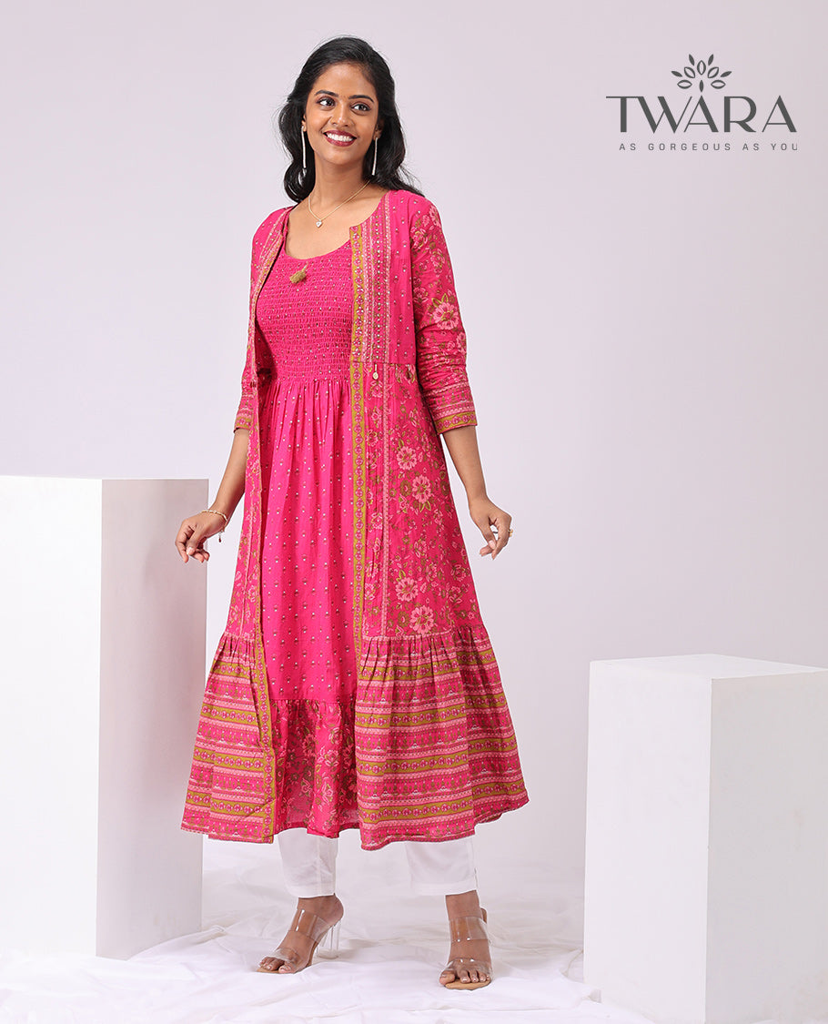 Twara Pink floral motifs, round neck knee lenght, 3/4 sleeve with floral printed over coat kurti