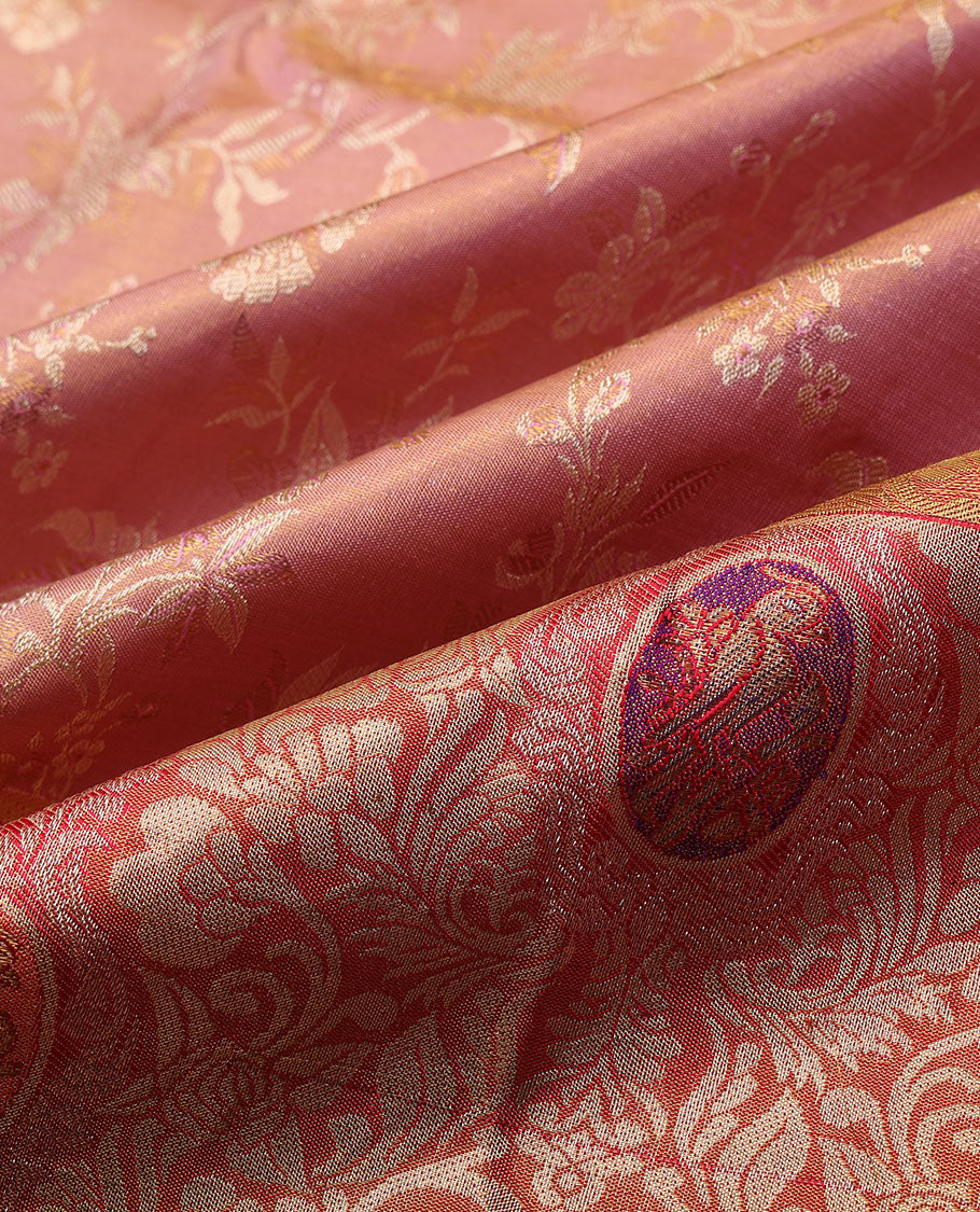 Pink floral jaal jacquard silk saree, contrast floral jaal & kili motifs meenakari zari border & kodi visiry & jaal pallu