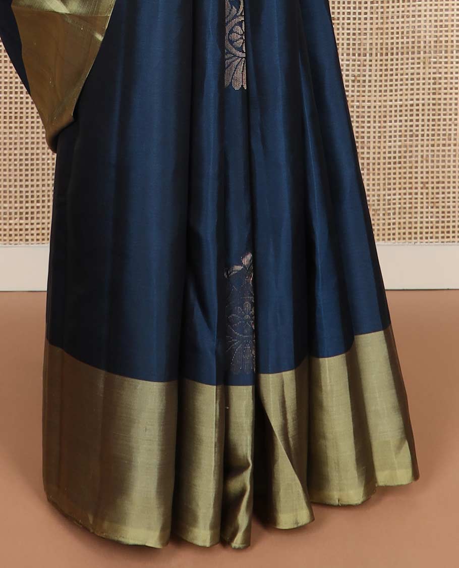 Blue zari buttas silk mix saree, contrast unique design border & pallu of geometric designs