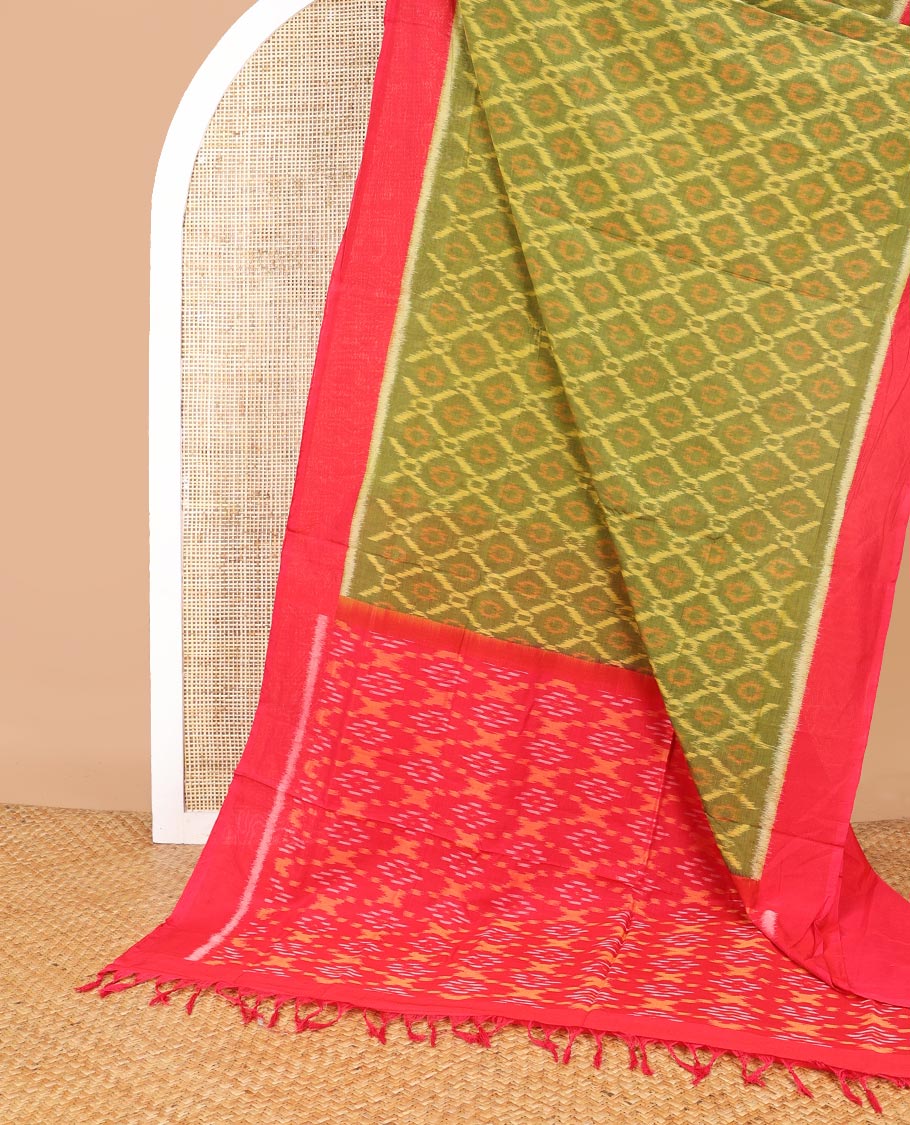 Green argyle design ikkat cotton saree with contrast border & geometric design pallu