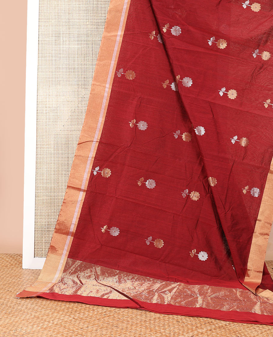 Red floral motifs chanderi cotton saree with contrast zari design border & striped pallu