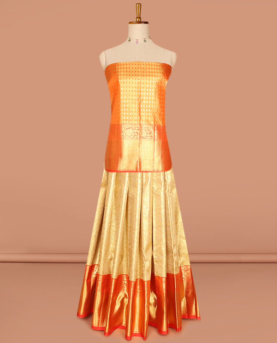 Gold pure-silk half saree, jacquard skirt, contrast border & blouse of rekku,muthu,neli & kodi visiry motifs & intricate dhavani