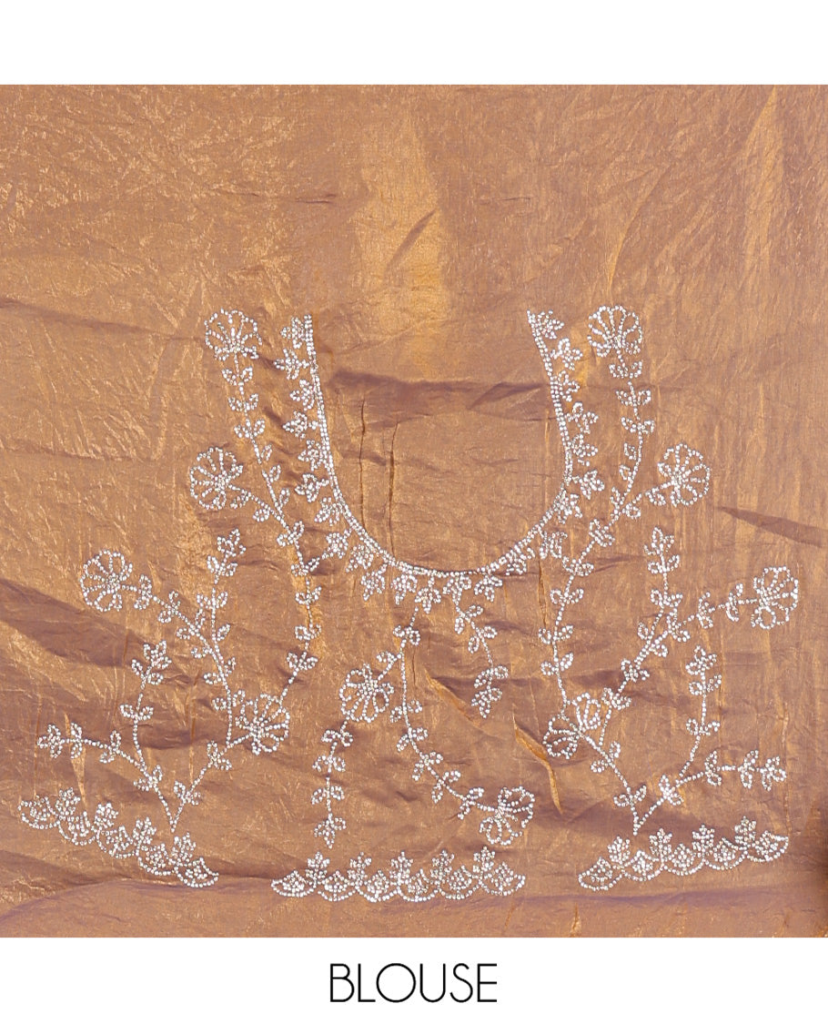 Brown Fendy Chiffon Saree, Highlighted by Swarovski Stone Work All Over the Body, Gleaming Swarovski Stone Work Border, a Self-Pallu, and Paired with a Fancy Designer Blouse
